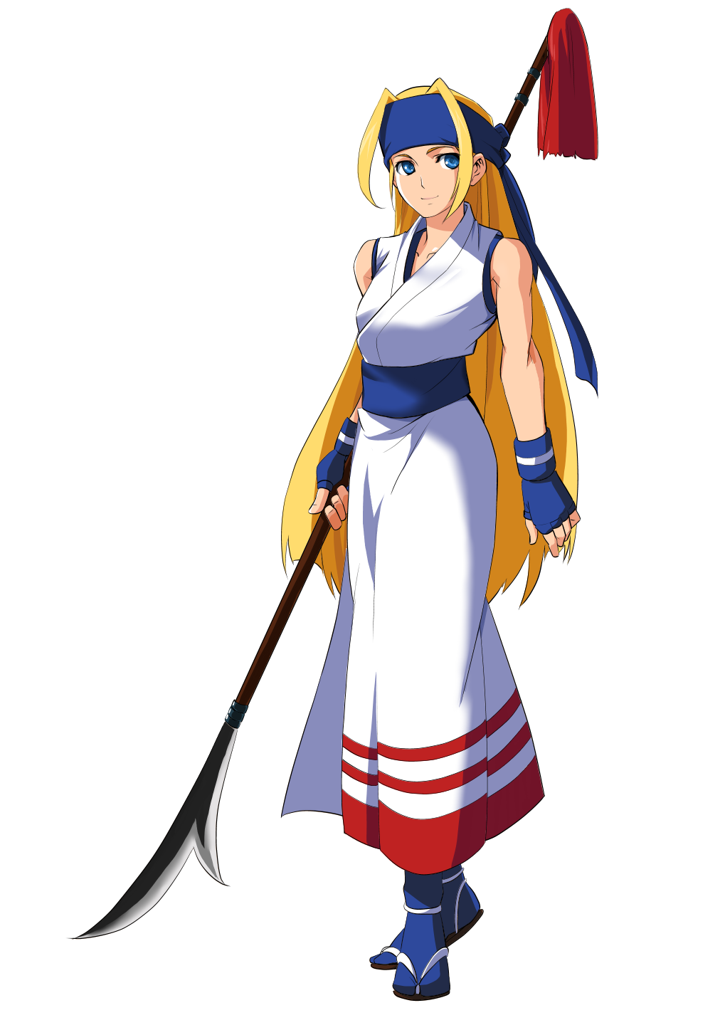 bangs, blonde_hair, blue_eyes, female, flip-flops, footwear, full_body, gloves