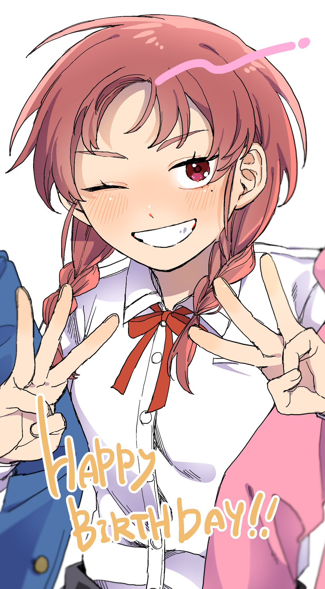 3girls, blue_jacket, blush, braid, breast_pocket, brown_hair, collared_shirt, commentary_request