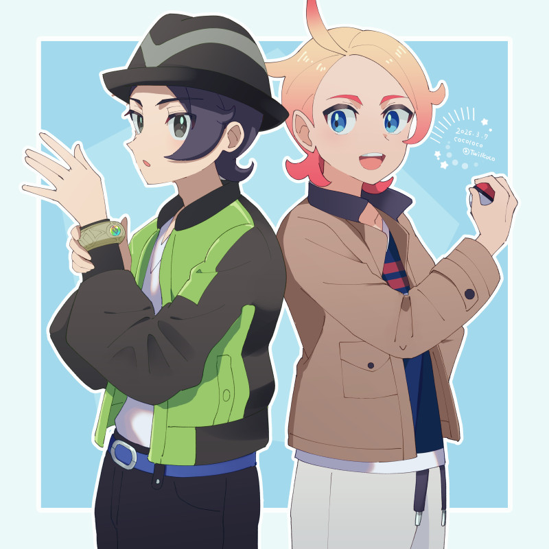 2boys, :d, ahoge, belt, black_hair, black_hat, black_pants, blonde_hair