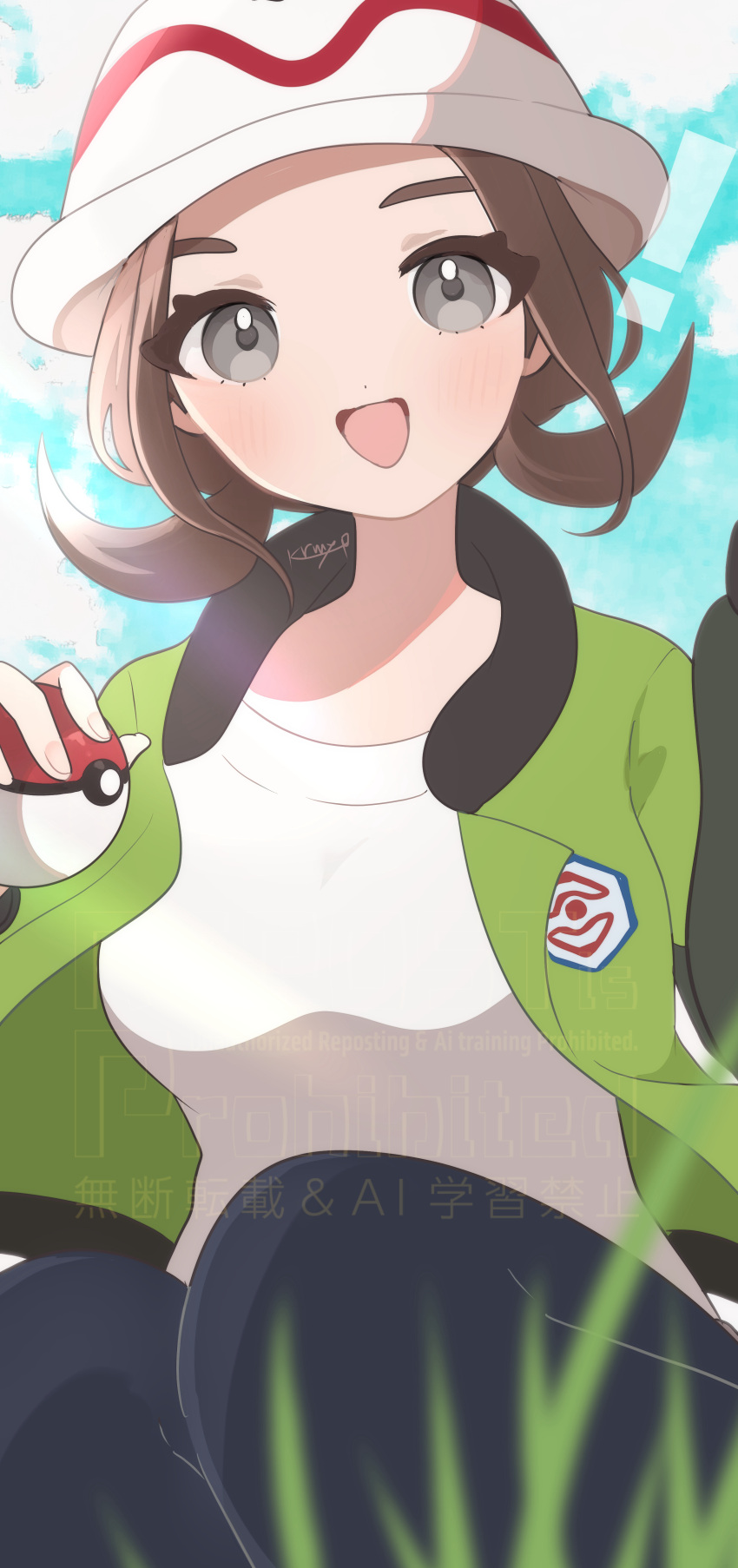 !, 1girl, :d, absurdres, black_pants, brown_hair, clouds, commentary_request