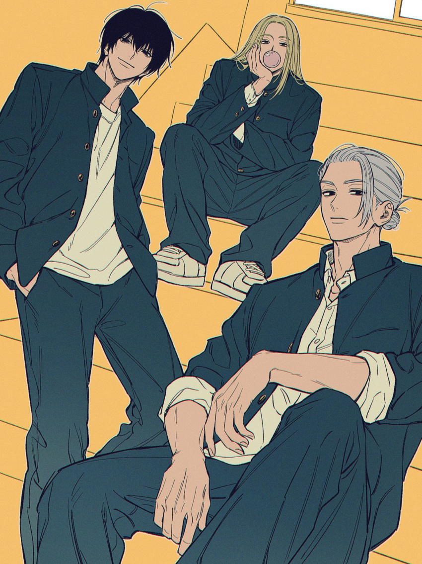 3boys, adam's_apple, arm_on_knee, arm_on_thigh, black_eyes, black_jacket, black_pants, blonde_hair