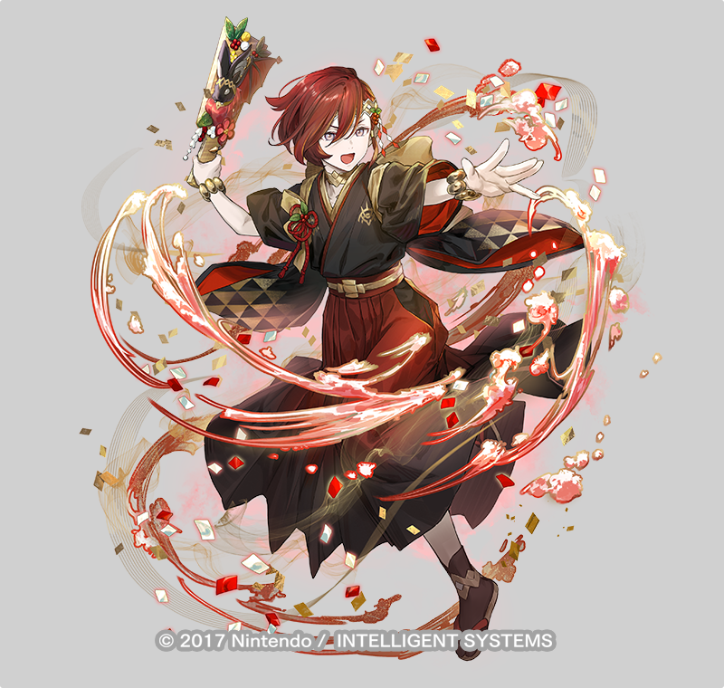 1boy, animal_ears, azu-taro, bat_ears, black_socks, circlet, elm_(fire_emblem), elm_(new_year)_(fire_emblem), emblem, fire_emblem, fire_emblem_heroes, full_body, grey_background, hagoita, hair_over_one_eye, japanese_clothes, kimono, male_focus, official_art, open_mouth, otoko_no_ko, paddle, red_hair, rope, sandals, shimenawa, smile, socks, solo, tabi, zouri