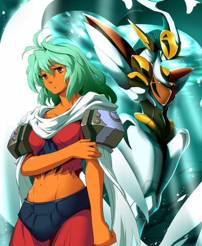 ahoge, brown_eyes, crescens, crop_top, dark_skin, emeralda_kasim, frown, green_hair