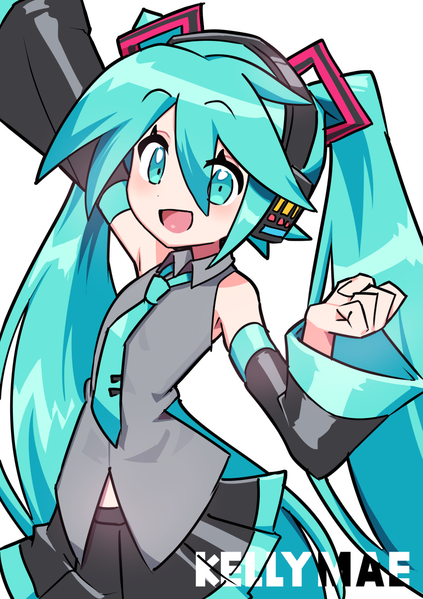 1girl, absurdres, aqua_eyes, aqua_hair, aqua_necktie, arm_up, artist_name, bare_shoulders, black_skirt, black_sleeves, breasts, clenched_hand, collared_shirt, detached_sleeves, grey_shirt, hatsune_miku, headphones, headset, highres, kellymae, long_hair, looking_at_viewer, midriff_peek, miniskirt, narrow_waist, necktie, open_mouth, pleated_skirt, shirt, sideways_glance, skirt, sleeveless, sleeveless_shirt, small_breasts, smile, solo, tie_clip, twintails, very_long_hair, vocaloid