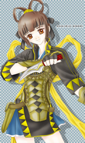 armor, asagiri_kusa, brown_eyes, brown_hair, fingerless_gloves, gensou_suikoden, gensou_suikoden_v, gloves, knife, lowres, miakis, short_hair, skirt, suikoden, suikoden_v