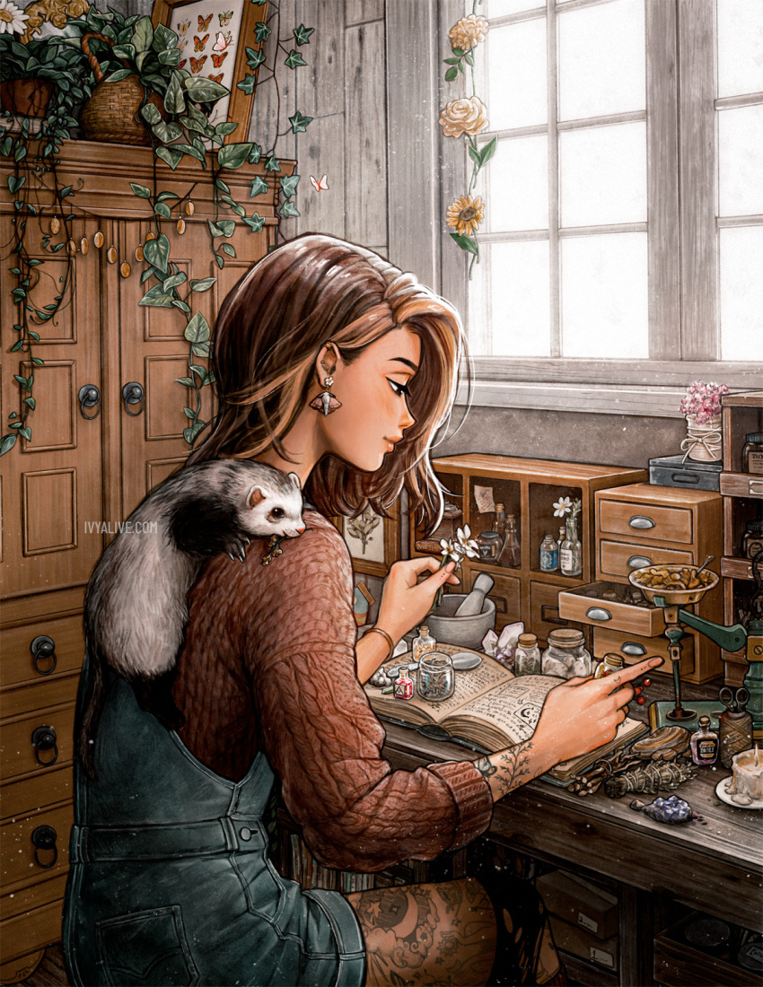 1girl, arm_tattoo, artist_name, basket, book, bracelet, brown_hair, brown_sweater
