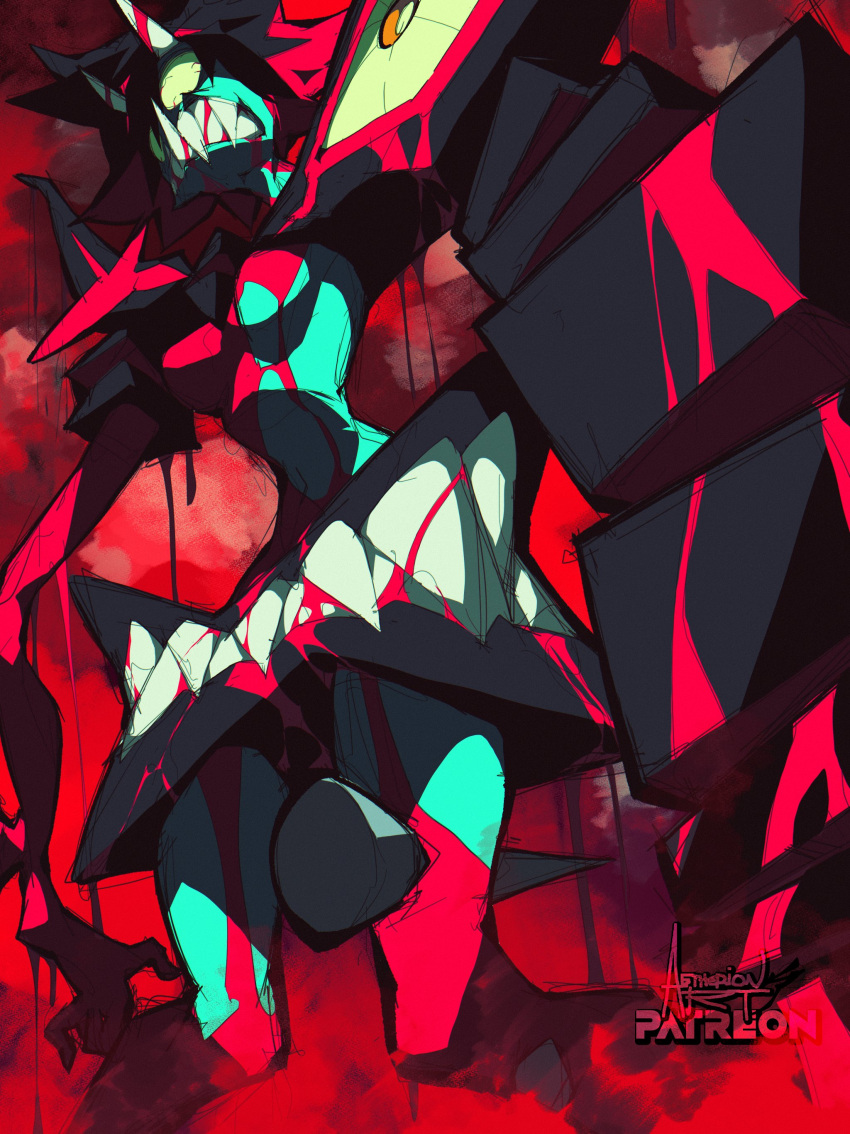 1girl, absurdres, aetherion, artist_name, berserk_ryuuko, black_hair, blood, blood_on_clothes