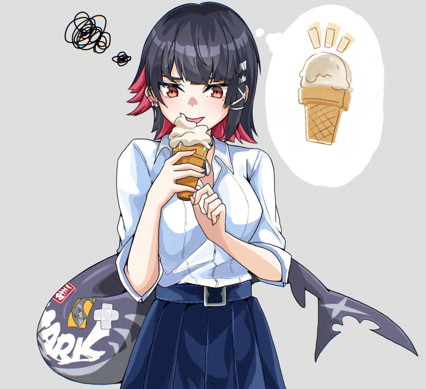 1girl, absurdres, akano_ruyu, annoyed, black_hair, blue_skirt, colored_inner_hair, cowboy_shot