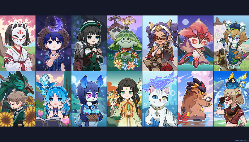 2boys, 6+girls, absurdres, animal, animal_collar, animal_on_head, ann_(genshin_impact), aranara_(genshin_impact)