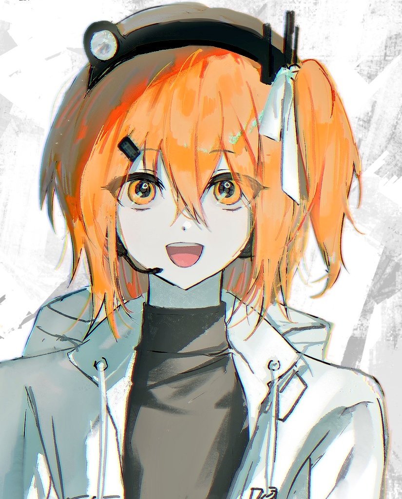 1girl, 7731nm, a.i._voice, adachi_rei, black_shirt, hair_ornament, hair_ribbon, hairclip, headphones, hood, hooded_jacket, jacket, looking_at_viewer, microphone, open_clothes, open_jacket, open_mouth, orange_hair, radio_antenna, ribbon, shirt, solo, teeth, tongue, upper_body, upper_teeth_only, utau, white_background, white_jacket, white_ribbon