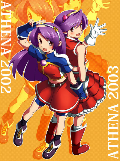 2003, 2girls, :d, asamiya_athena, back-to-back, belt, blush, boots, brown_eyes, character_name, dress, dual_persona, footwear, gloves, hairband, hand_holding, happy, heart, holding_hands, jewelry, king_of_fighters, king_of_fighters_2003, king_of_fighters_xi, long_hair, midriff, multiple_girls, navel, no~ma, open_mouth, orange_background, purple_hair, red_dress, shoes, shorts, skirt, smile, snk, socks, sparkle, star, v, zoom_layer