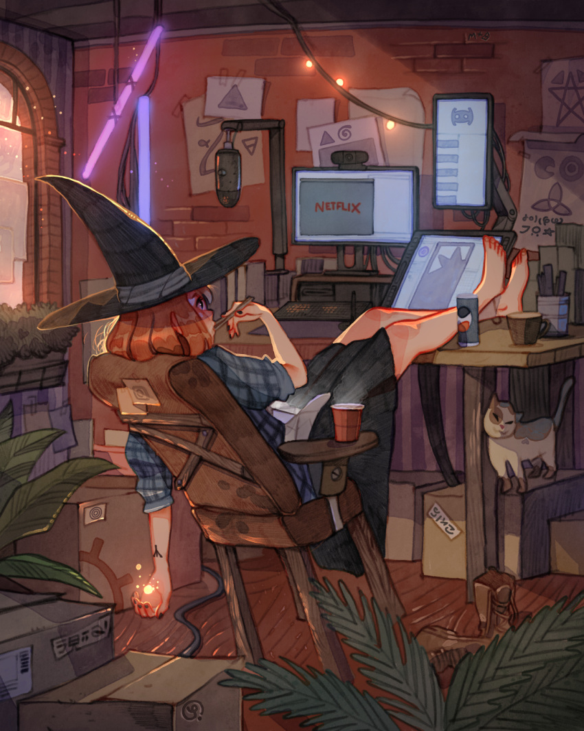 1girl, arm_tattoo, artist_name, barefoot, black_hat, black_nails, black_skirt, boots, box, brick_wall, brown_hair, calico_cat, can, casting_spell, chair_tipping, chopsticks, commentary, computer, computer_keyboard, crossed_ankles, cup, desk, desk_microphone, disposable_cup, drawing_tablet, drink_can, eating, facing_away, feet_on_desk, fern, fluorescent_lamp, full_body, glowing, grey_ribbon, hat, hat_ribbon, highres, holding, holding_chopsticks, leaning_back, looking_at_screen, magic, medium_hair, monitor, mug, on_chair, original, oyster_pail, plaid_clothes, plaid_shirt, plant, poster_(object), potted_plant, ribbon, shirt, simz, skirt, soda_can, solo, sparkle, string_of_light_bulbs, tattoo, unworn_boots, webcam, window, witch, witch_hat