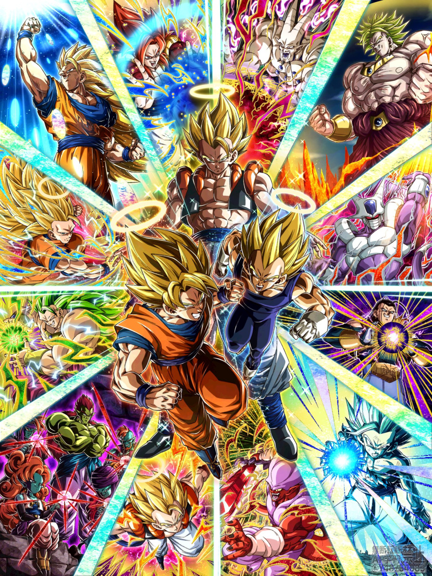 6+boys, aura, black_hair, blue_eyes, clenched_hands, colored_skin, cooler_(dragon_ball), cooler_(fifth_form)_(dragon_ball), dougi, dragon_ball, dragon_ball_gt, dragon_ball_super, dragon_ball_z_dokkan_battle, gloves, gogeta, highres, janemba, jewelry, long_hair, looking_at_viewer, male_focus, metamoran_vest, monkey_boy, multiple_boys, muscular, muscular_male, omega_shenron, open_mouth, orange_hair, pants, pectorals, short_hair, smile, son_goku, spiky_hair, super_android_17, super_saiyan, super_saiyan_1, super_saiyan_2, super_saiyan_3, super_saiyan_4, super_saiyan_blue, tail, teeth, vegeta, wai_(y48754085), white_gloves