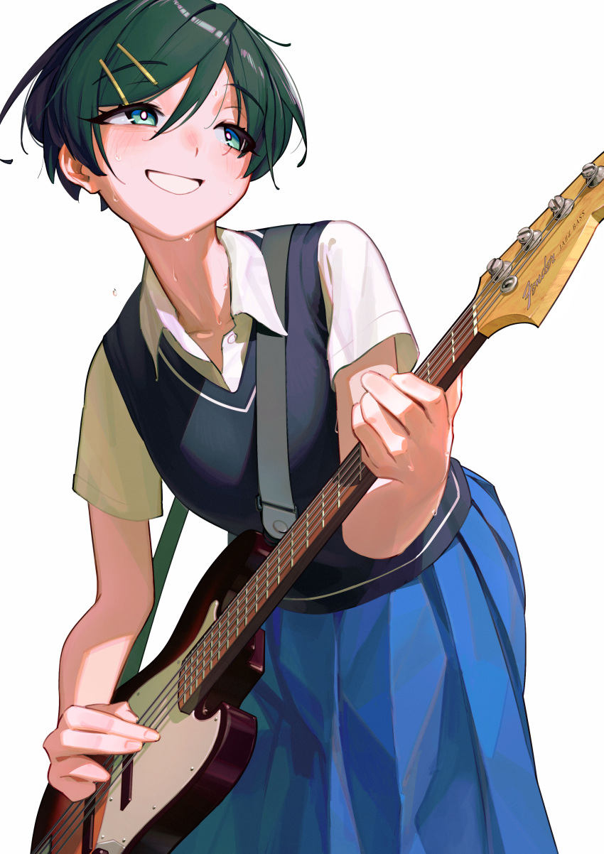 1girl, absurdres, aqua_eyes, bass_guitar, black_sweater_vest, blue_skirt, blush, bright_pupils
