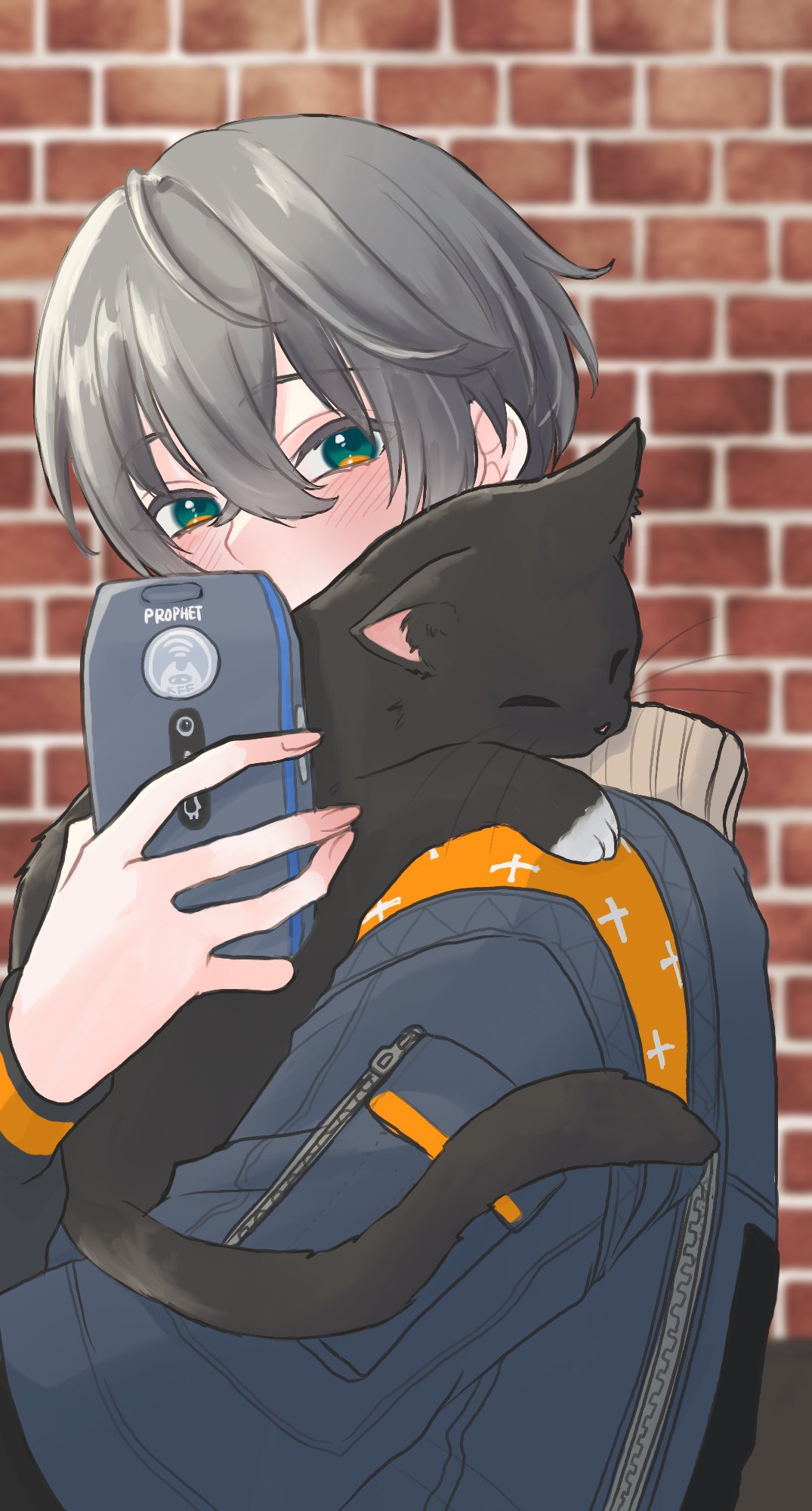1boy, animal, arm_up, blush, brick_wall, cat, cellphone, closed_eyes