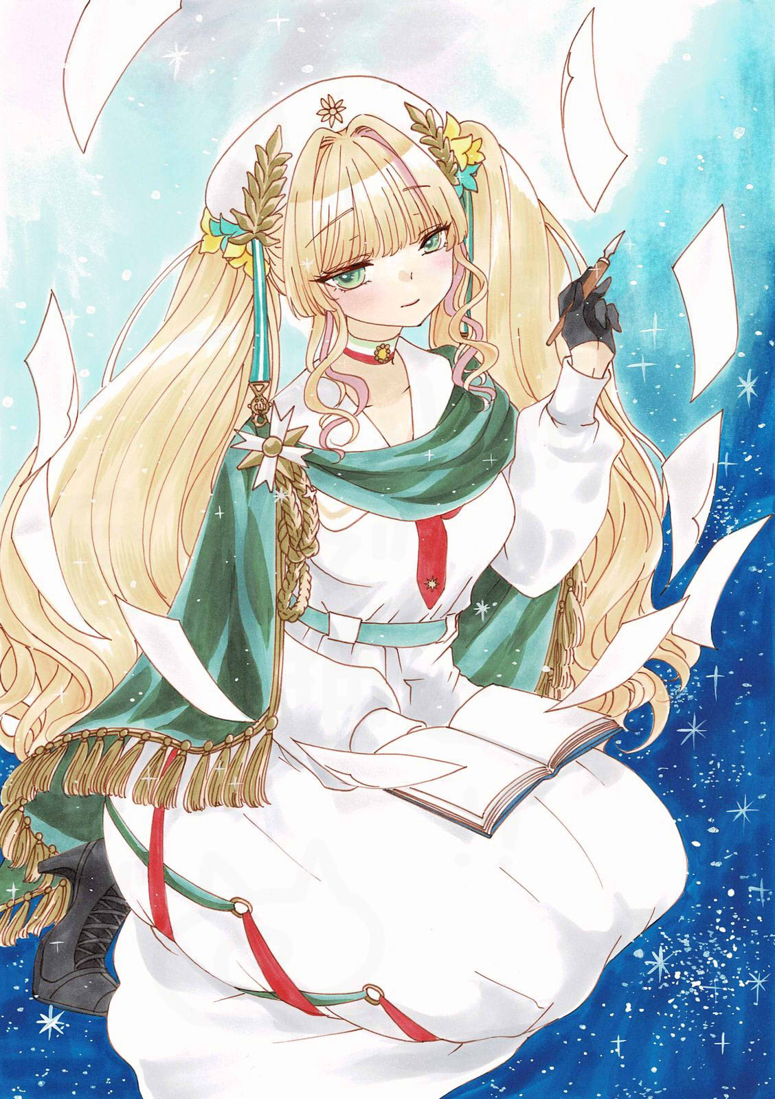 1girl, azur_lane, black_gloves, black_shoes, blonde_hair, book, closed_mouth, dress