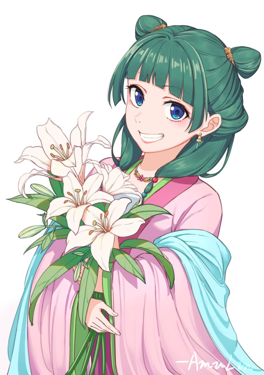 1girl, absurdres, alternate_costume, blue_eyes, commentary_request, double_bun, flower, green_hair