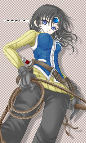 asagiri_(castle_in_the_air), belt, black_hair, blue_eyes, circlet, corset, female, from_below