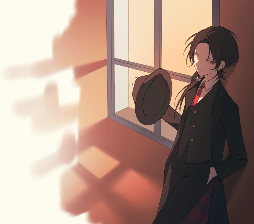 1boy, against_wall, black_hat, black_pants, black_vest, breasts, chinese_commentary, closed_mouth