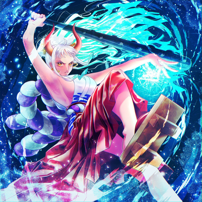 1girl, 26_tgw, aqua_hair, breasts, club_(weapon), commentary, earrings, electricity, geta, hakama, highres, holding, holding_weapon, horns, japanese_clothes, jewelry, kanabou, kimono, looking_at_viewer, one_piece, red_hakama, red_horns, rope, shimenawa, sideboob, sidelocks, sleeveless, sleeveless_kimono, solo, weapon, white_hair, white_kimono, yamato_(one_piece)