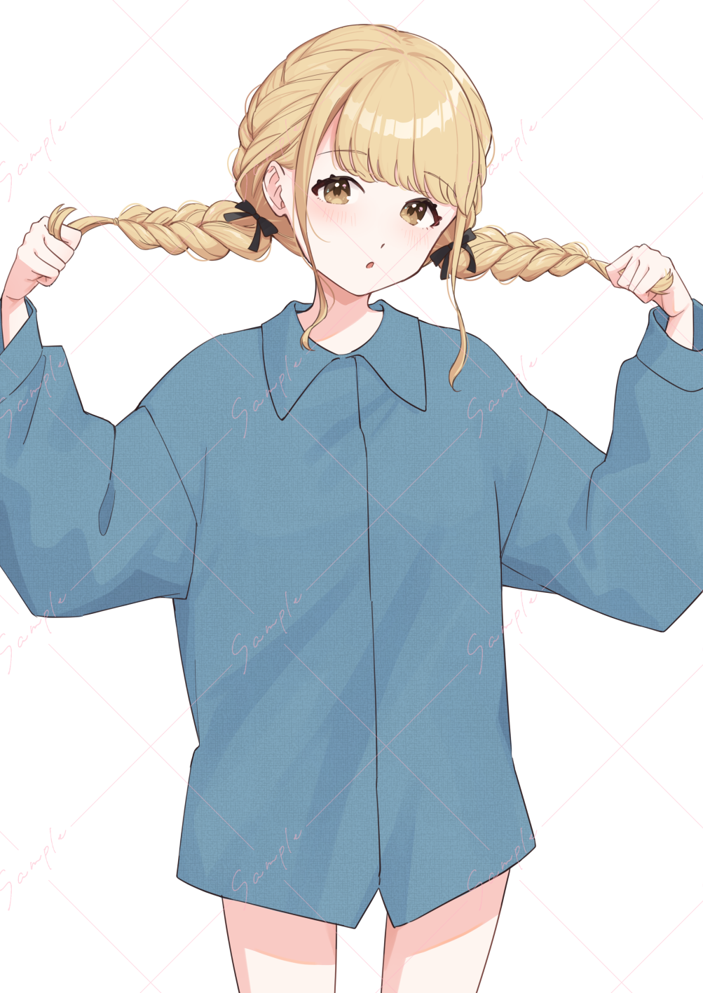 1girl, :o, aqua_shirt, blonde_hair, collared_shirt, commentary_request, cowboy_shot, french_braided_twintails