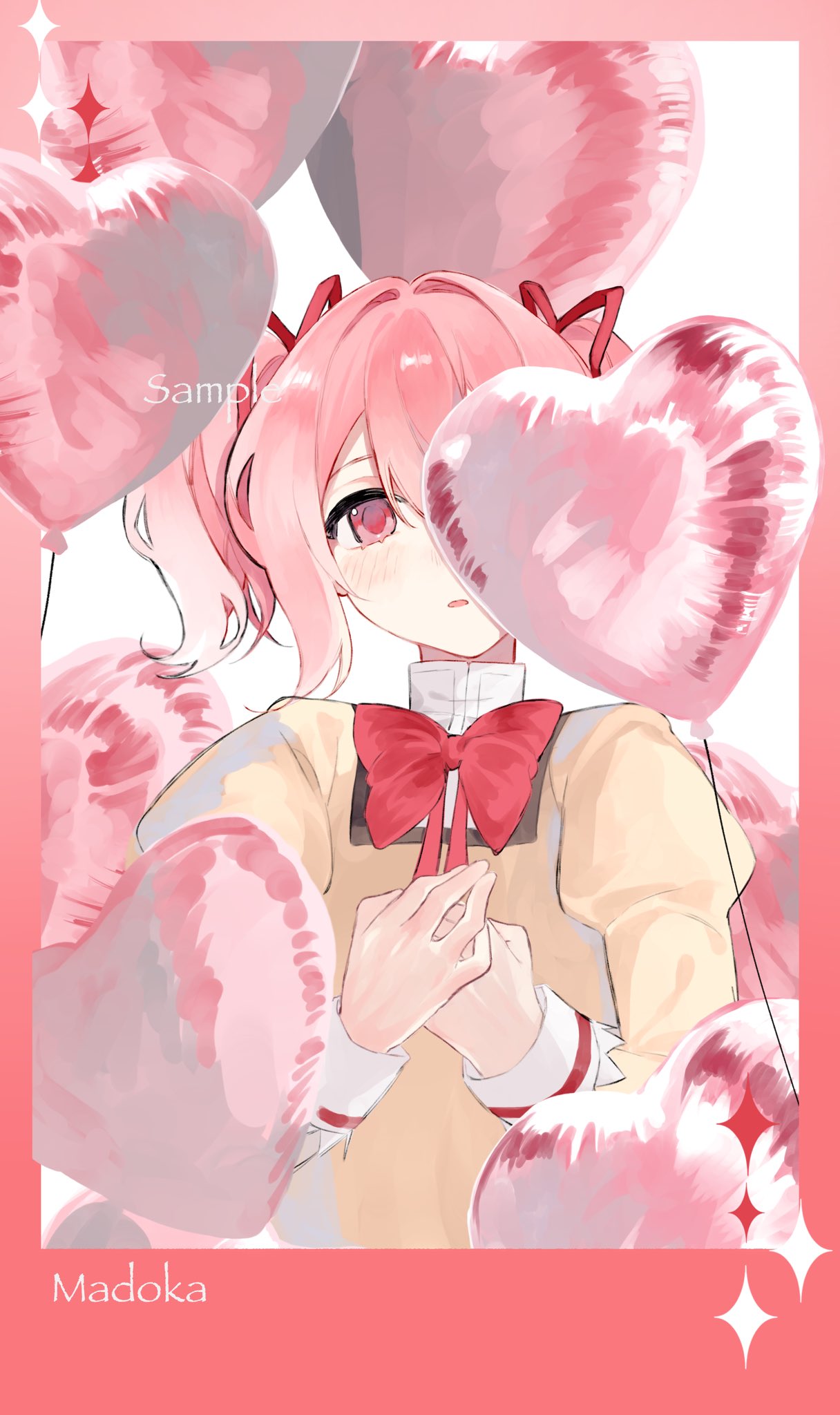1girl, balloon, balloon_over_eye, blush, bo4turtle, border, character_name, commentary