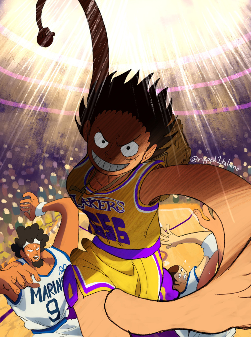 3boys, absurdres, ball, basketball_(object), basketball_uniform, black_hair, commentary, facial_hair