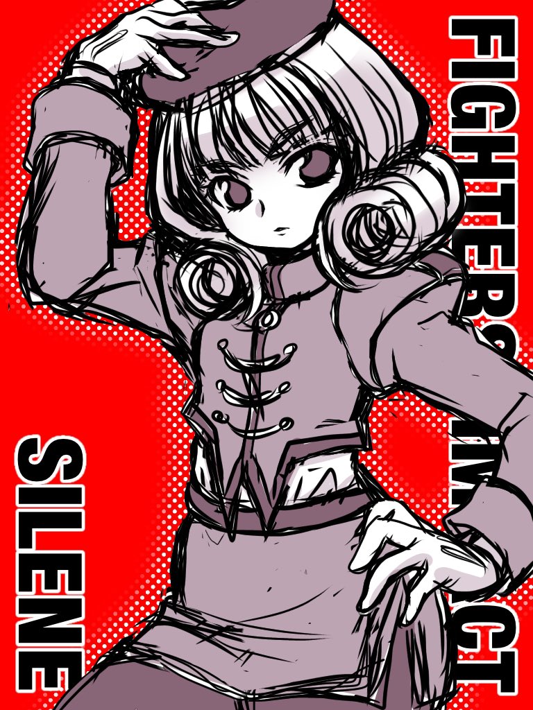 belt, beret, blank_eyes, curly_hair, curly_sidelocks, expressionless, fighter's_impact, gloves, hat, looking_to_the_side, military_hat, military_uniform, miniskirt, monochrome, pantyhose, red_background, silene_rambert, skirt, yukiyo_kato