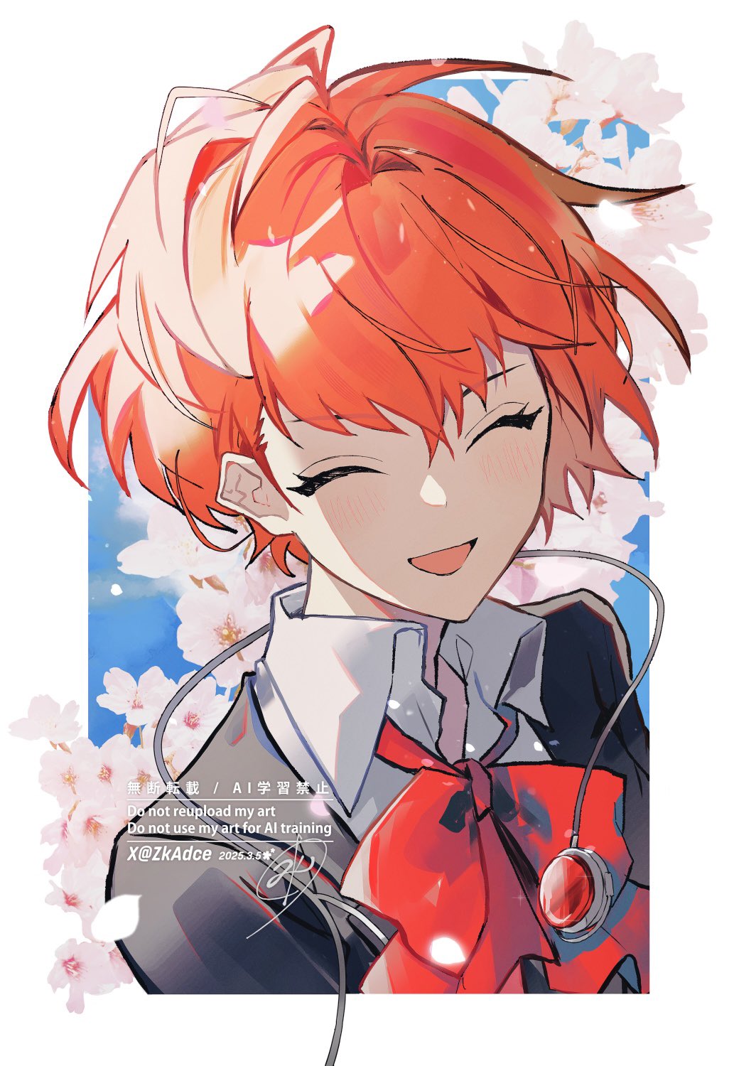 1girl, black_jacket, blue_sky, border, bow, bowtie, brown_hair, cherry_blossoms, closed_eyes, collared_shirt, commentary_request, earphones_removed, facing_viewer, falling_petals, gekkoukan_high_school_uniform, highres, jacket, light_blush, loose_bowtie, medium_hair, open_mouth, outdoors, outside_border, persona, persona_3, persona_3_portable, petals, red_bow, red_bowtie, school_uniform, shiomi_kotone, shirt, sky, smile, solo, upper_body, watermark, white_border, white_shirt, zeka_(skzk_cm)
