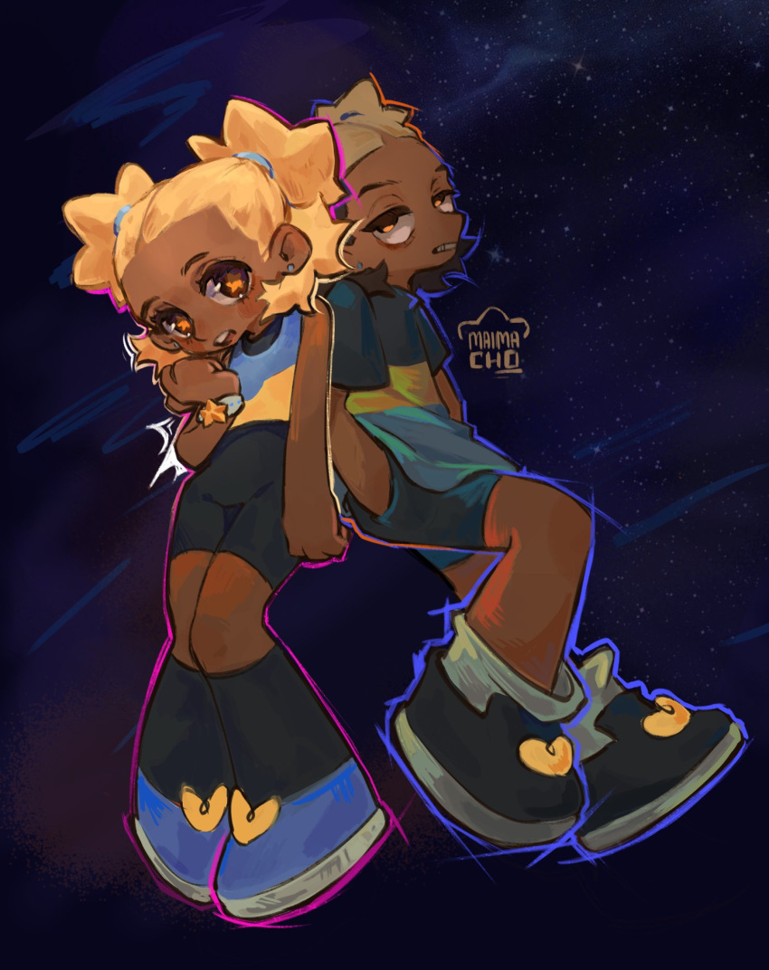 2girls, age_comparison, aika_(kiana_mai), blush, dark-skinned_female, dark_skin, deformed, dual_persona