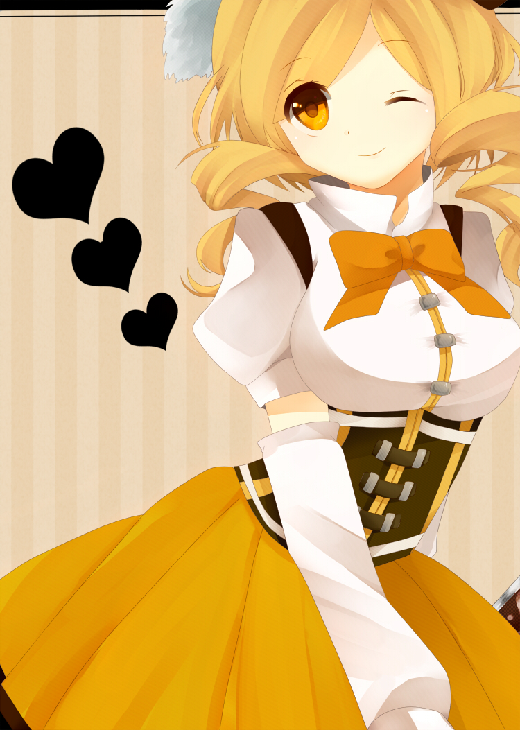 bad_id, blonde_hair, bow, breasts, detached_sleeves, drill_hair, fingerless_gloves, gloves