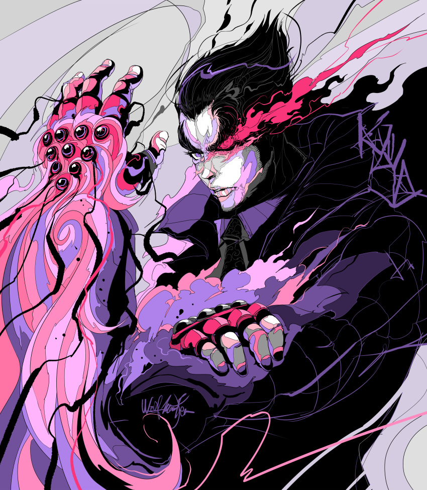 1boy, absurdres, black_coat, black_hair, black_necktie, coat, collared_coat, dress_shirt, electricity, fingerless_gloves, flexing, gloves, glowing, glowing_eye, hair_slicked_back, hand_on_own_arm, heterochromia, highres, male_focus, mishima_kazuya, necktie, non-web_source, official_art, parted_lips, purple_shirt, red_gloves, shirt, smoke, solo, studded_gloves, tekken, tekken_8, thick_eyebrows, twitter_username, upper_body, white_background, wolfmarker