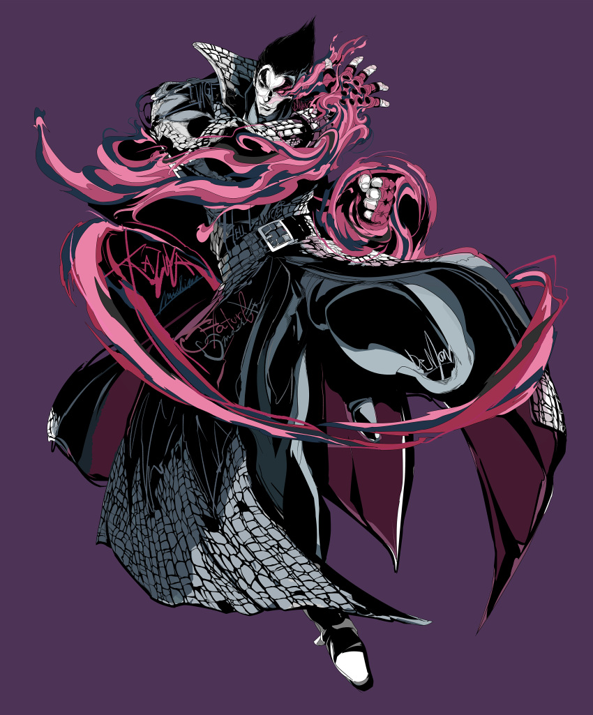 1boy, absurdres, belt, black_eyes, black_hair, character_name, clenched_hand, coat