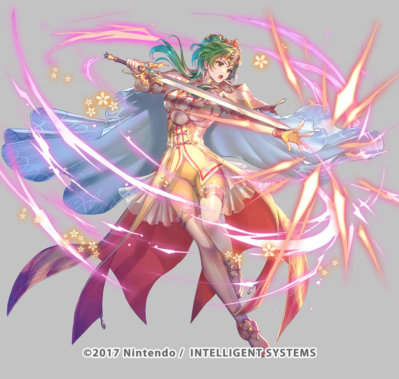 1girl, armor, boots, breastplate, brown_eyes, cape, copyright_notice, elincia_ridell_crimea
