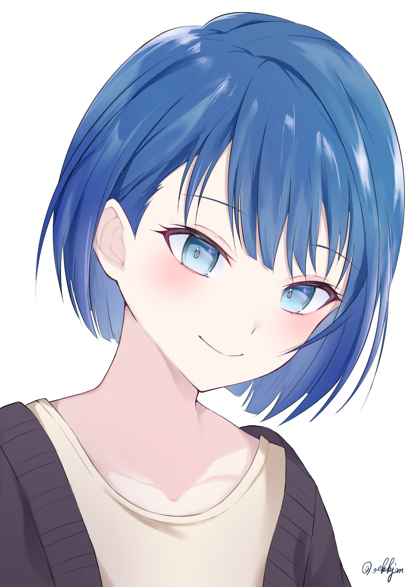 1girl, absurdres, asymmetrical_sidelocks, black_cardigan, blue_eyes, blue_hair, blunt_bangs, blush, cardigan, collarbone, commentary, hair_behind_ear, highres, kiritani_haruka, looking_down, oekkjan, open_cardigan, open_clothes, portrait, project_sekai, shirt, short_hair, smile, solo, twitter_username, white_background, yellow_shirt