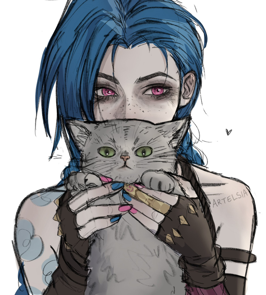 1girl, animal, arcane:_league_of_legends, arcane_jinx, arm_strap, arm_tattoo, artelsia, artist_name