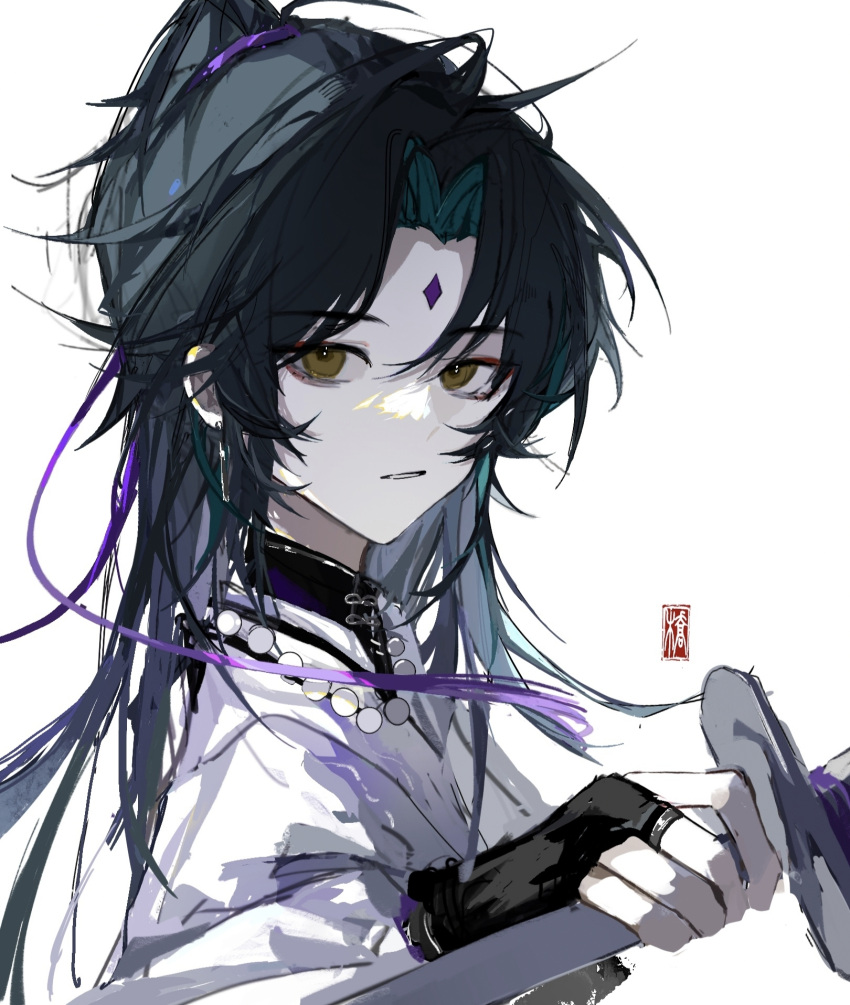 1boy, black_gloves, chinese_clothes, curtained_hair, diamond_facial_mark, facial_mark, fingerless_gloves, from_side, genshin_impact, gerenlu, gloves, green_hair, hair_ribbon, hanfu, high_ponytail, highres, holding, holding_sword, holding_weapon, long_hair, looking_at_viewer, looking_to_the_side, male_focus, mandarin_collar, parted_bangs, parted_lips, ponytail, purple_ribbon, ribbon, simple_background, solo, sword, teeth, weapon, white_background, white_hanfu, xiao_(genshin_impact), yellow_eyes