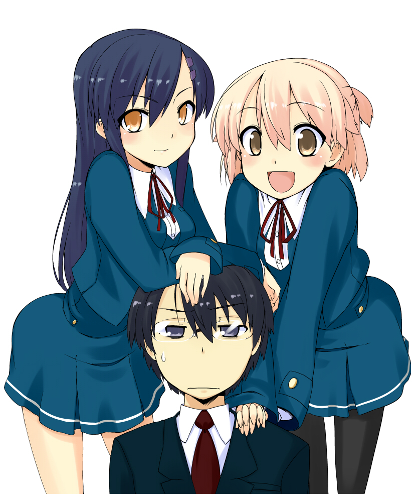 2girls, aoba_souma, black_legwear, black_pantyhose, blonde_hair, blue_eyes, blue_hair, blush