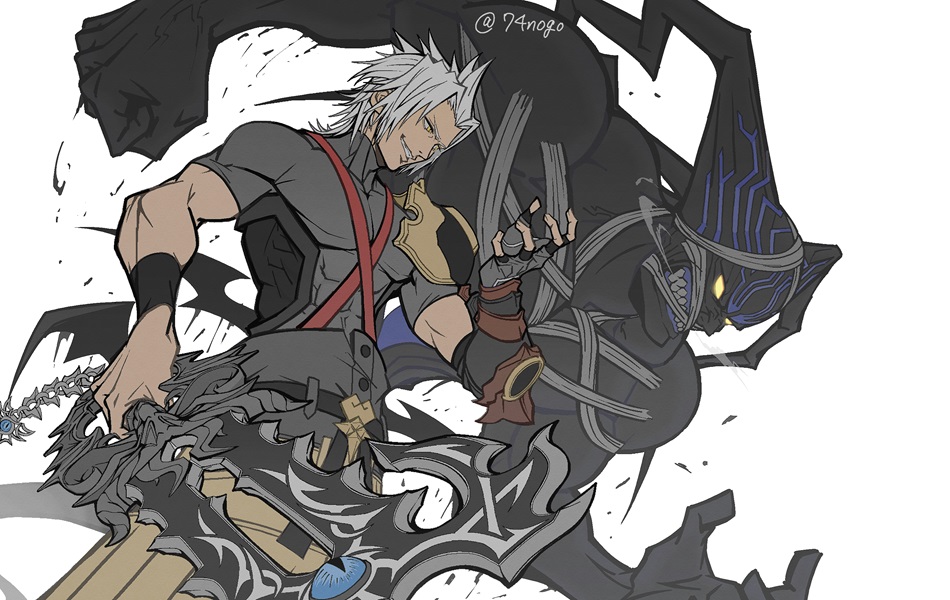 1boy, 74nogo, belt, chest_strap, dark_persona, dark_skin, evil_grin, evil_smile