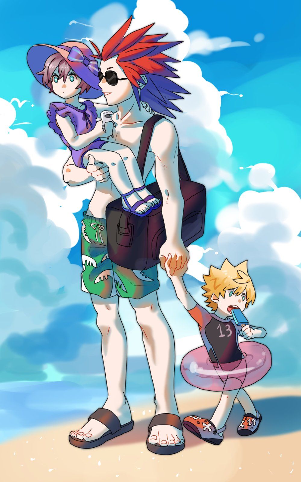 1girl, 2boys, aged_down, alternate_costume, axel_(kingdom_hearts), beach, black_hair, blonde_hair