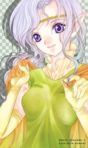 asagiri_(castle_in_the_air), cape, circlet, elbow_gloves, elf, elf_ears, female, gensou_suikoden