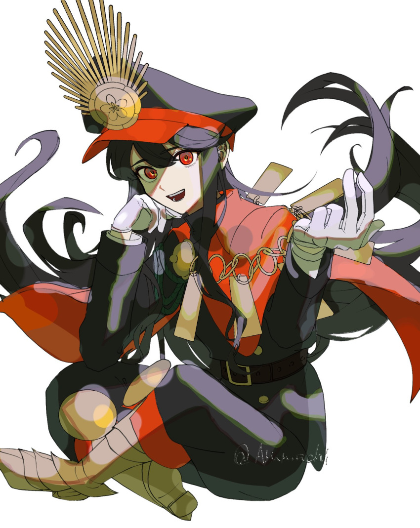 1girl, black_hair, black_hat, black_pants, black_shirt, cape, crest, family_crest, fate/grand_order, fate_(series), gloves, hat, highres, huo_ting, long_hair, military, pants, peaked_cap, red_cape, red_eyes, shirt, unfinished, white_gloves