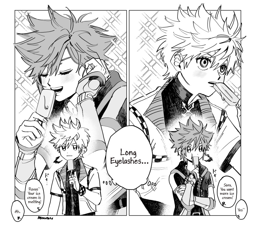 2boys, absurdres, blush, chain, chain_necklace, checkered_wristband, closed_eyes, eating, english_commentary, eyelashes, food, highres, holding, holding_food, holding_popsicle, jewelry, kingdom_hearts, male_focus, melting_popsicle, moomusapi, multiple_boys, multiple_views, necklace, open_mouth, popsicle, roxas, short_hair, smile, sora_(kingdom_hearts), speech_bubble, spiky_hair, wristband