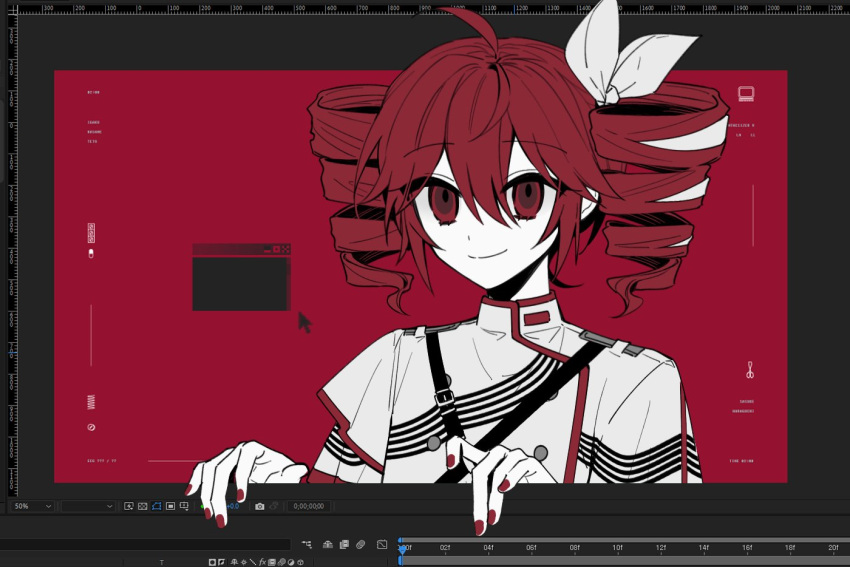 1girl, ahoge, belt, black_belt, bow, buttons, commentary_request, double-breasted, drill_hair, fingernails, fourth_wall, grey_jacket, hair_between_eyes, hair_bow, hair_ribbon, jacket, kasane_teto, kasane_teto_(sv), layered_sleeves, looking_at_viewer, matana, red_background, red_eyes, red_nails, red_trim, ribbon, shoulder_belt, shoulder_boards, simple_background, smile, solo, striped_clothes, striped_jacket, synthesizer_v, through_medium, twin_drills, twintails, utau, white_bow, white_ribbon