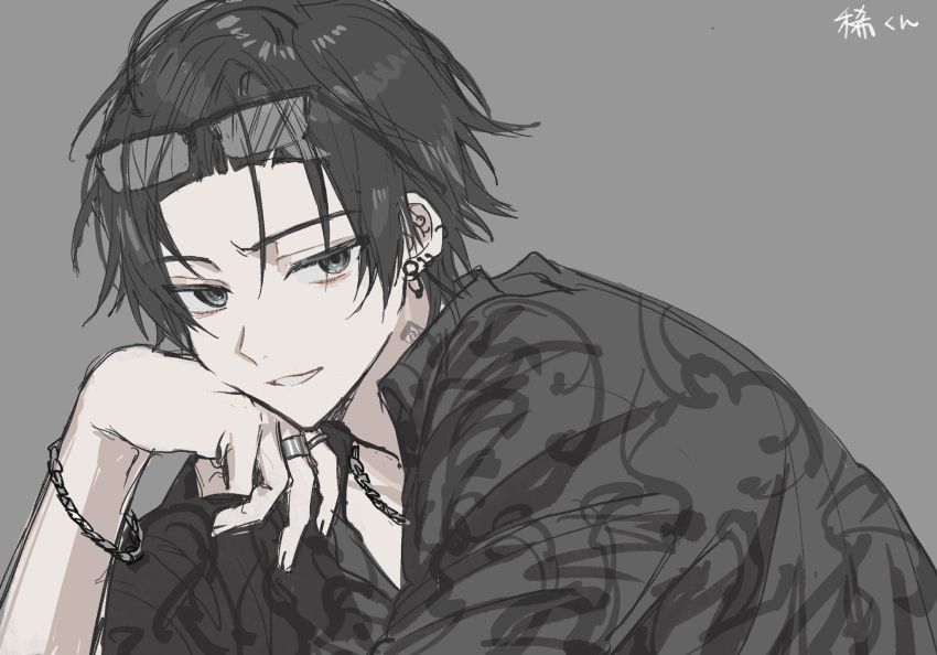 1boy, armlet, black-framed_eyewear, black_hair, black_shirt, collarbone, commentary_request, ear_piercing