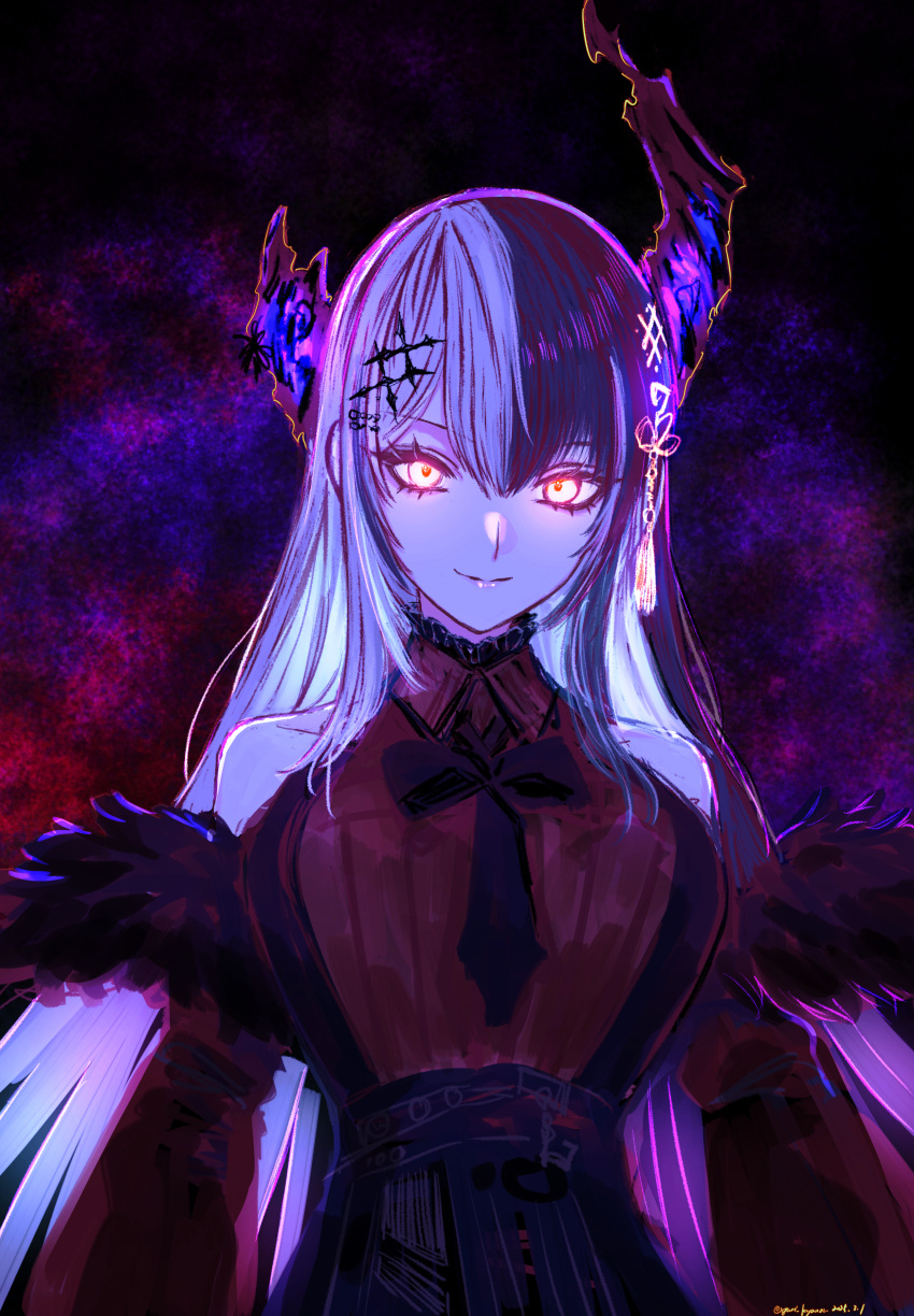 1girl, absurdres, alternate_color, alternate_costume, asymmetrical_horns, bare_shoulders, black_bow, black_bowtie