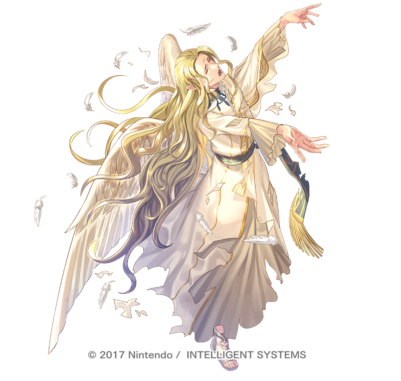 1boy, alternate_costume, blonde_hair, bouquet, closed_eyes, copyright_notice, feathered_wings, feathers