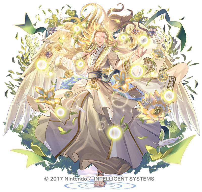 1boy, alternate_costume, blonde_hair, bouquet, closed_eyes, copyright_notice, feathered_wings, fire_emblem