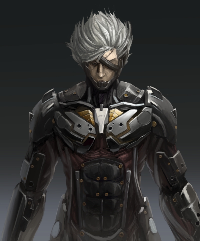 1boy, cyborg, eyepatch, facing_viewer, gradient_background, grey_background, male_focus, metal_gear_(series)