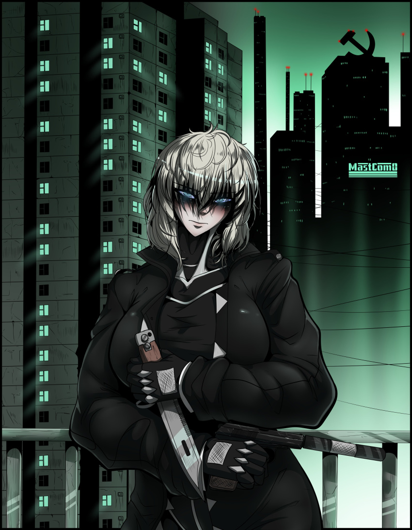 1girl, absurdres, bags_under_eyes, black_bodysuit, blue_eyes, bodysuit, breasts, coat